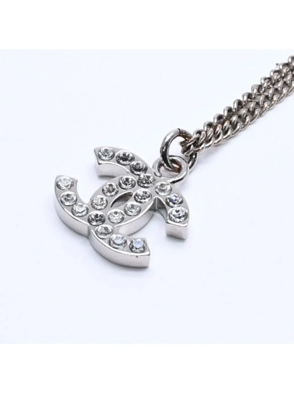 Chanel Necklace CC Logo Rhinestone Silver 11